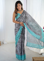 Thumbnail for Vegaa Fashion Grey Chinon Silk Print Work With Mirror Work Border Designer Saree - Distacart