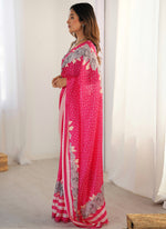 Thumbnail for Vegaa Fashion Pink Chinon Silk Print Work With Mirror Work Border Designer Saree - Distacart