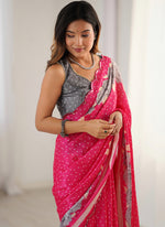 Thumbnail for Vegaa Fashion Pink Chinon Silk Print Work With Mirror Work Border Designer Saree - Distacart