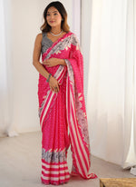 Thumbnail for Vegaa Fashion Pink Chinon Silk Print Work With Mirror Work Border Designer Saree - Distacart