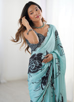 Thumbnail for Vegaa Fashion Sky Blue Chinon Silk Print Work With Mirror Work Border Designer Saree - Distacart