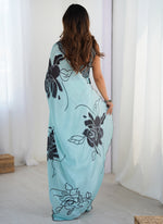 Thumbnail for Vegaa Fashion Sky Blue Chinon Silk Print Work With Mirror Work Border Designer Saree - Distacart
