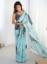 Thumbnail for Vegaa Fashion Sky Blue Chinon Silk Print Work With Mirror Work Border Designer Saree - Distacart