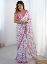 Thumbnail for Vegaa Fashion Off White Chinon Silk Print Work With Mirror Work Border Designer Saree - Distacart