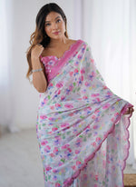 Thumbnail for Vegaa Fashion Off White Chinon Silk Print Work With Mirror Work Border Designer Saree - Distacart