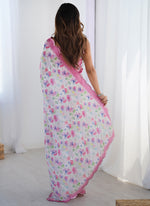Thumbnail for Vegaa Fashion Off White Chinon Silk Print Work With Mirror Work Border Designer Saree - Distacart