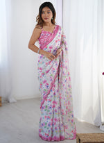 Thumbnail for Vegaa Fashion Off White Chinon Silk Print Work With Mirror Work Border Designer Saree - Distacart