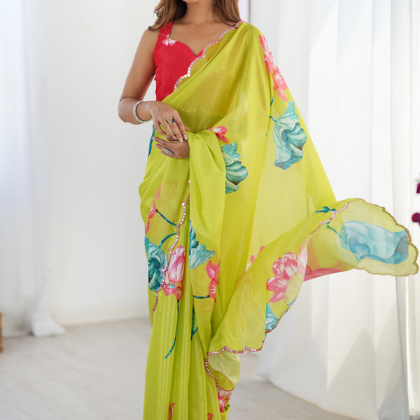 Vegaa Fashion Lemon Yellow Chinon Silk Print Work With Mirror Work Border Designer Saree - Distacart