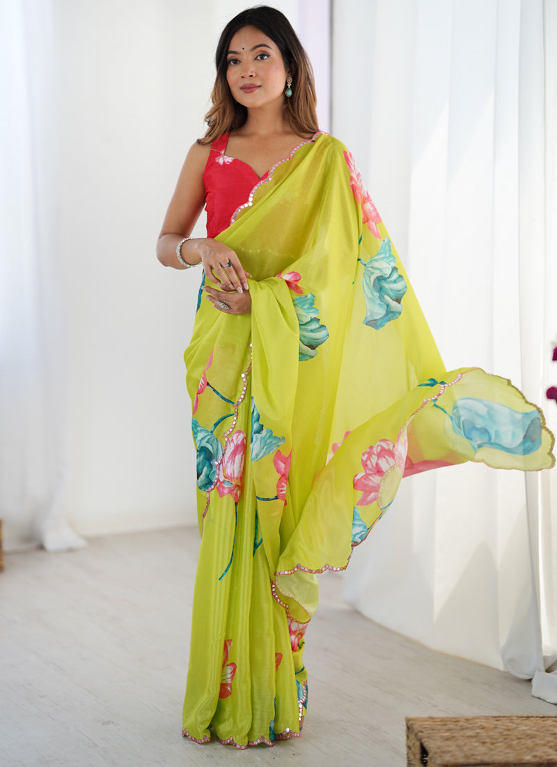 Vegaa Fashion Lemon Yellow Chinon Silk Print Work With Mirror Work Border Designer Saree