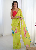 Thumbnail for Vegaa Fashion Lemon Yellow Chinon Silk Print Work With Mirror Work Border Designer Saree - Distacart