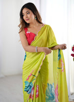 Thumbnail for Vegaa Fashion Lemon Yellow Chinon Silk Print Work With Mirror Work Border Designer Saree - Distacart