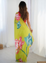Thumbnail for Vegaa Fashion Lemon Yellow Chinon Silk Print Work With Mirror Work Border Designer Saree - Distacart