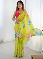 Thumbnail for Vegaa Fashion Lemon Yellow Chinon Silk Print Work With Mirror Work Border Designer Saree - Distacart