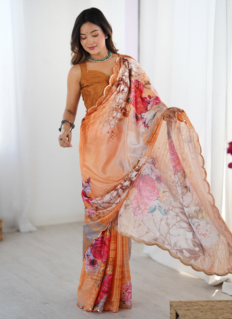 Vegaa Fashion Multicolor Chinon Silk Print Work With Mirror Work Border Designer Saree