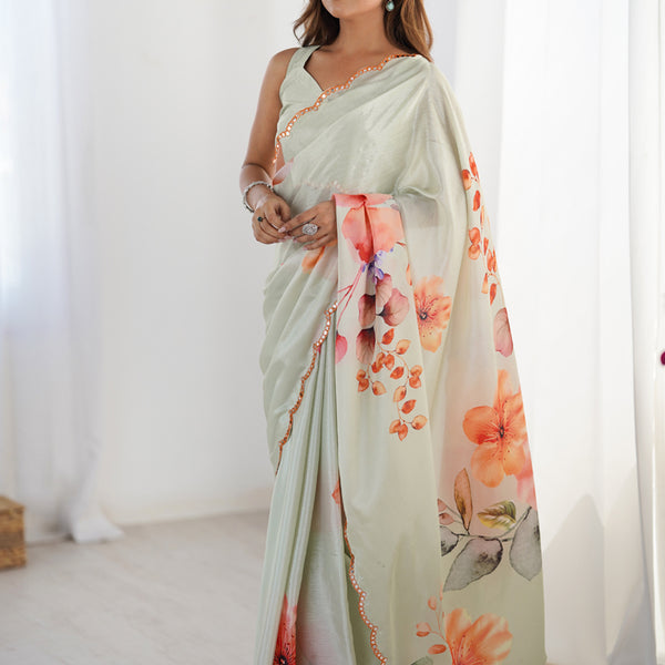 Vegaa Fashion Olive Green Chinon Silk Print Work With Mirror Work Border Designer Saree - Distacart