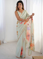 Thumbnail for Vegaa Fashion Olive Green Chinon Silk Print Work With Mirror Work Border Designer Saree - Distacart