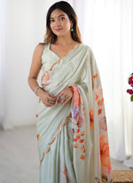 Thumbnail for Vegaa Fashion Olive Green Chinon Silk Print Work With Mirror Work Border Designer Saree - Distacart