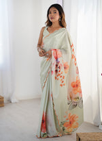 Thumbnail for Vegaa Fashion Olive Green Chinon Silk Print Work With Mirror Work Border Designer Saree - Distacart