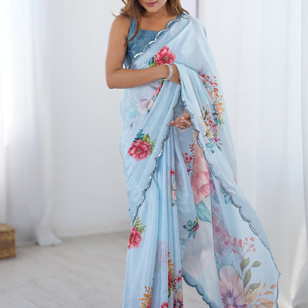 Vegaa Fashion Sky Blue Chinon Silk Print Work With Mirror Work Border Designer Saree - Distacart