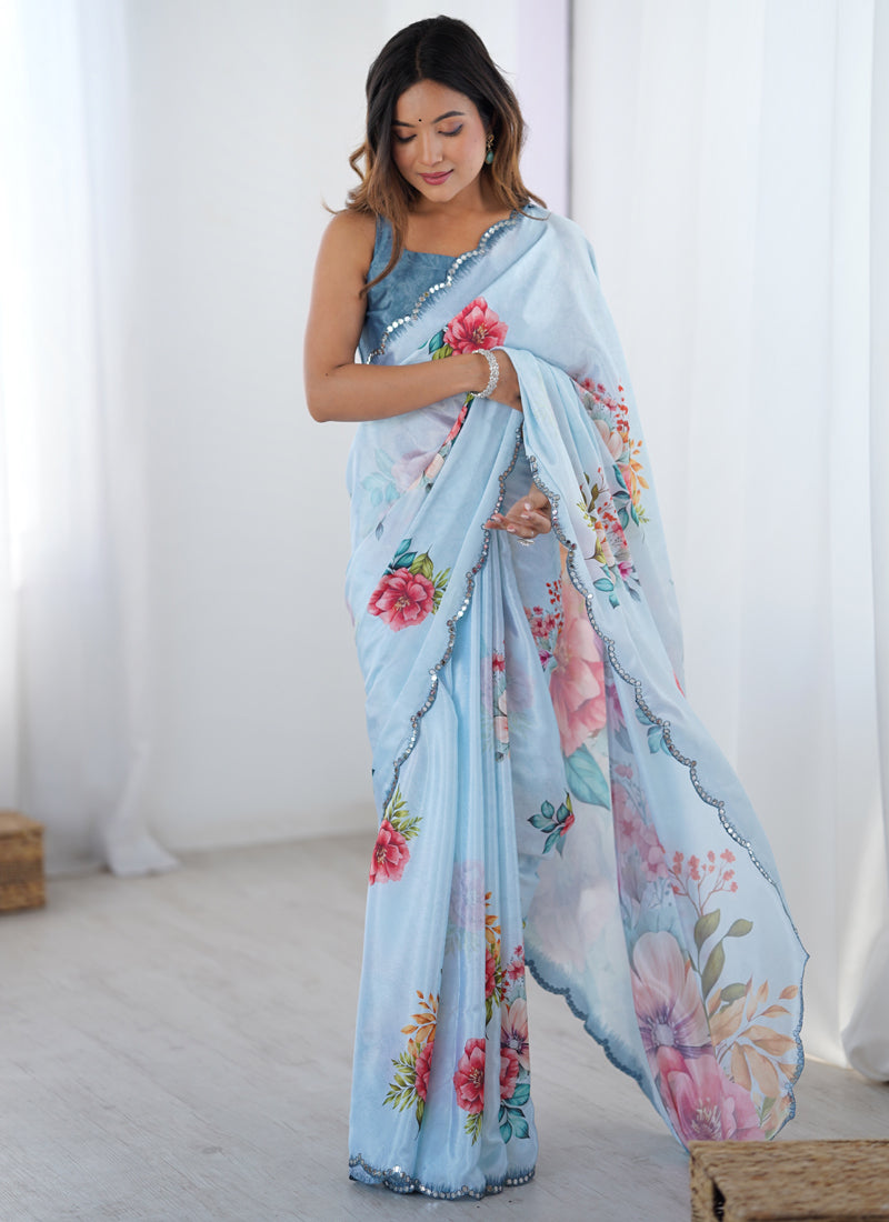 Vegaa Fashion Sky Blue Chinon Silk Print Work With Mirror Work Border Designer Saree