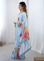 Thumbnail for Vegaa Fashion Sky Blue Chinon Silk Print Work With Mirror Work Border Designer Saree - Distacart