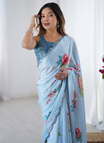 Thumbnail for Vegaa Fashion Sky Blue Chinon Silk Print Work With Mirror Work Border Designer Saree - Distacart