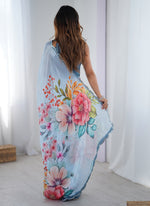 Thumbnail for Vegaa Fashion Sky Blue Chinon Silk Print Work With Mirror Work Border Designer Saree - Distacart