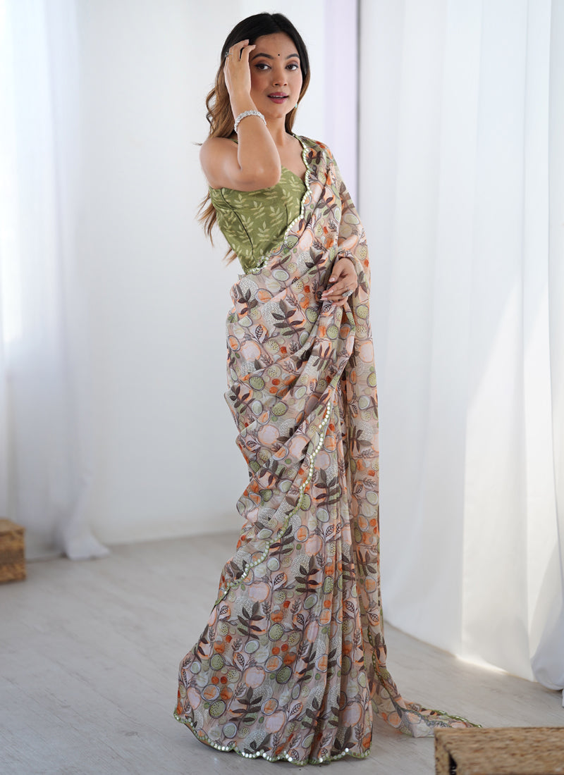 Vegaa Fashion Multicolor Chinon Silk Print Work With Mirror Work Border Designer Saree