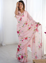 Thumbnail for Vegaa Fashion Baby Pink Chinon Silk Print Work With Mirror Work Border Designer Saree - Distacart