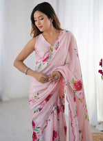 Thumbnail for Vegaa Fashion Baby Pink Chinon Silk Print Work With Mirror Work Border Designer Saree - Distacart