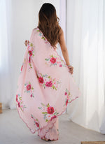 Thumbnail for Vegaa Fashion Baby Pink Chinon Silk Print Work With Mirror Work Border Designer Saree - Distacart