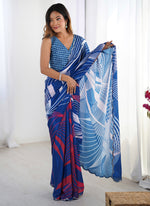 Thumbnail for Vegaa Fashion Blue Chinon Silk Print Work With Mirror Work Border Designer Saree - Distacart