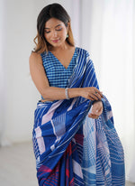 Thumbnail for Vegaa Fashion Blue Chinon Silk Print Work With Mirror Work Border Designer Saree - Distacart