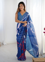 Thumbnail for Vegaa Fashion Blue Chinon Silk Print Work With Mirror Work Border Designer Saree - Distacart