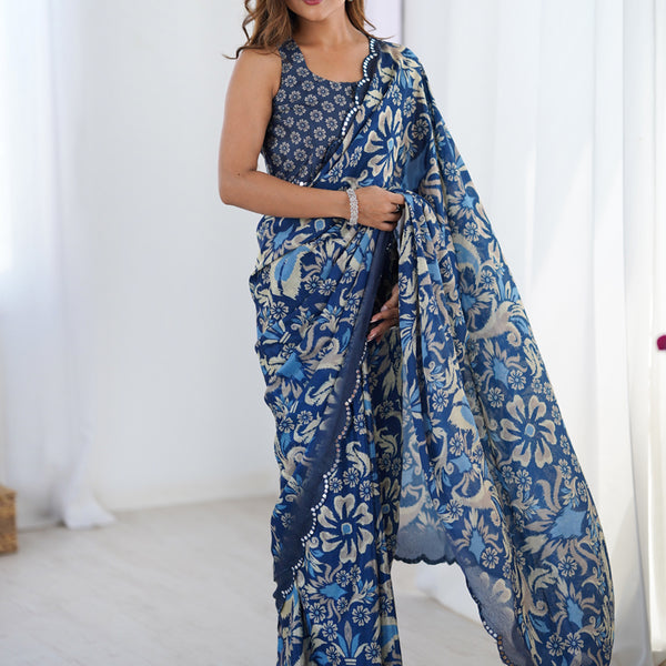 Vegaa Fashion Blue Chinon Silk Print Work With Mirror Work Border Designer Saree - Distacart