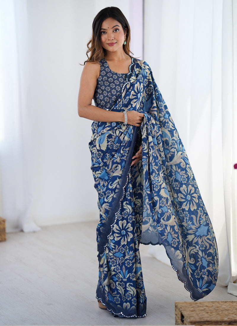 Vegaa Fashion Blue Chinon Silk Print Work With Mirror Work Border Designer Saree