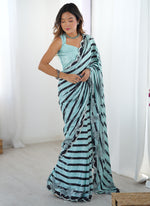 Thumbnail for Vegaa Fashion Sky Blue Chinon Silk Print Work With Mirror Work Border Designer Saree - Distacart