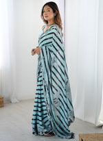 Thumbnail for Vegaa Fashion Sky Blue Chinon Silk Print Work With Mirror Work Border Designer Saree - Distacart