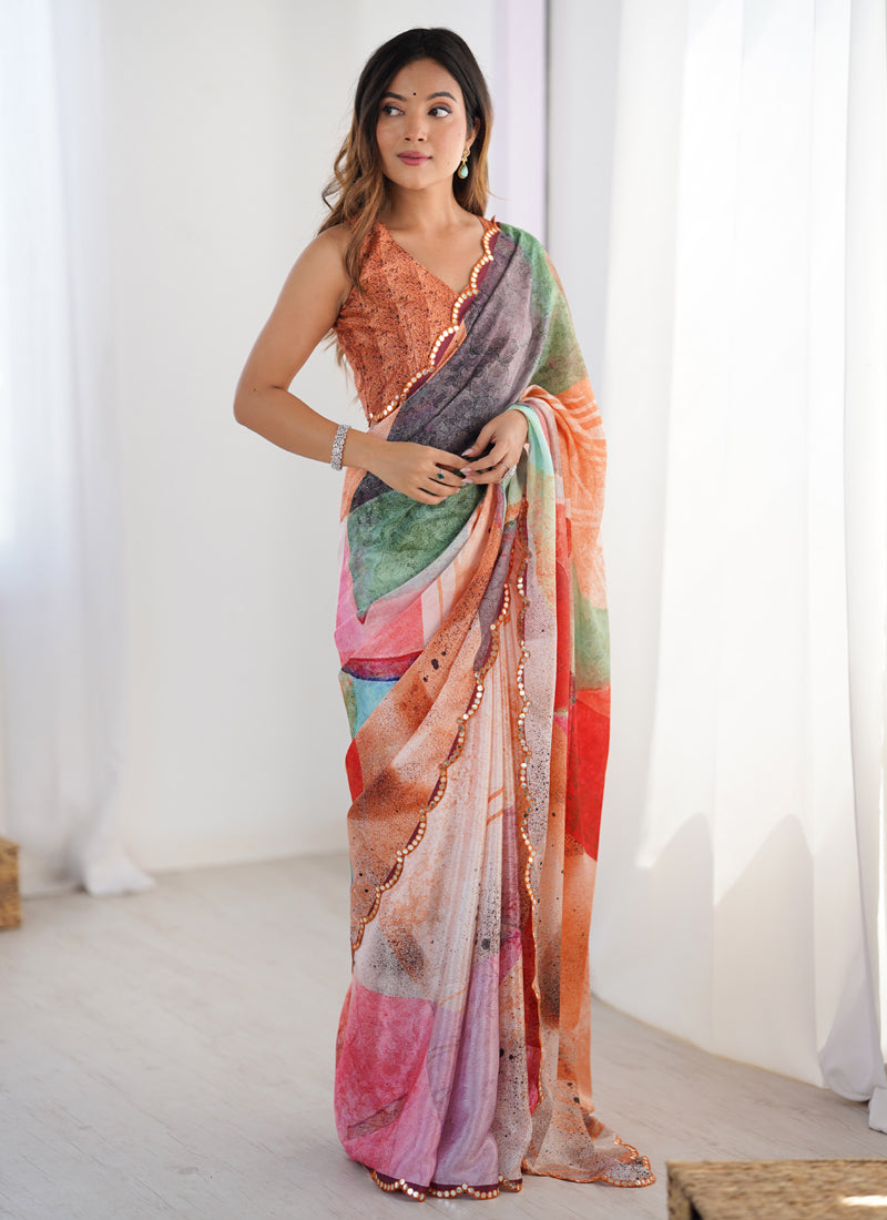 Vegaa Fashion Multi Color Chinon Silk Print Work With Mirror Work Border Designer Saree