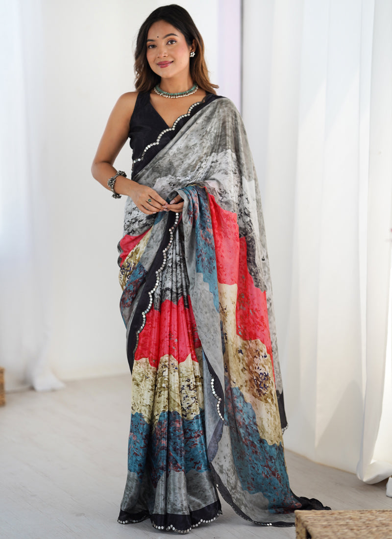 Vegaa Fashion Multi Color Chinon Silk Print Work With Mirror Work Border Designer Saree - Distacart