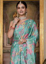 Thumbnail for Vegaa Fashion Sky Blue Chinon Silk Floral Printed With Mirror Cut Border Ready To Wear Saree - Distacart