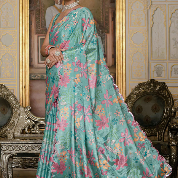 Vegaa Fashion Sky Blue Chinon Silk Floral Printed With Mirror Cut Border Ready To Wear Saree - Distacart