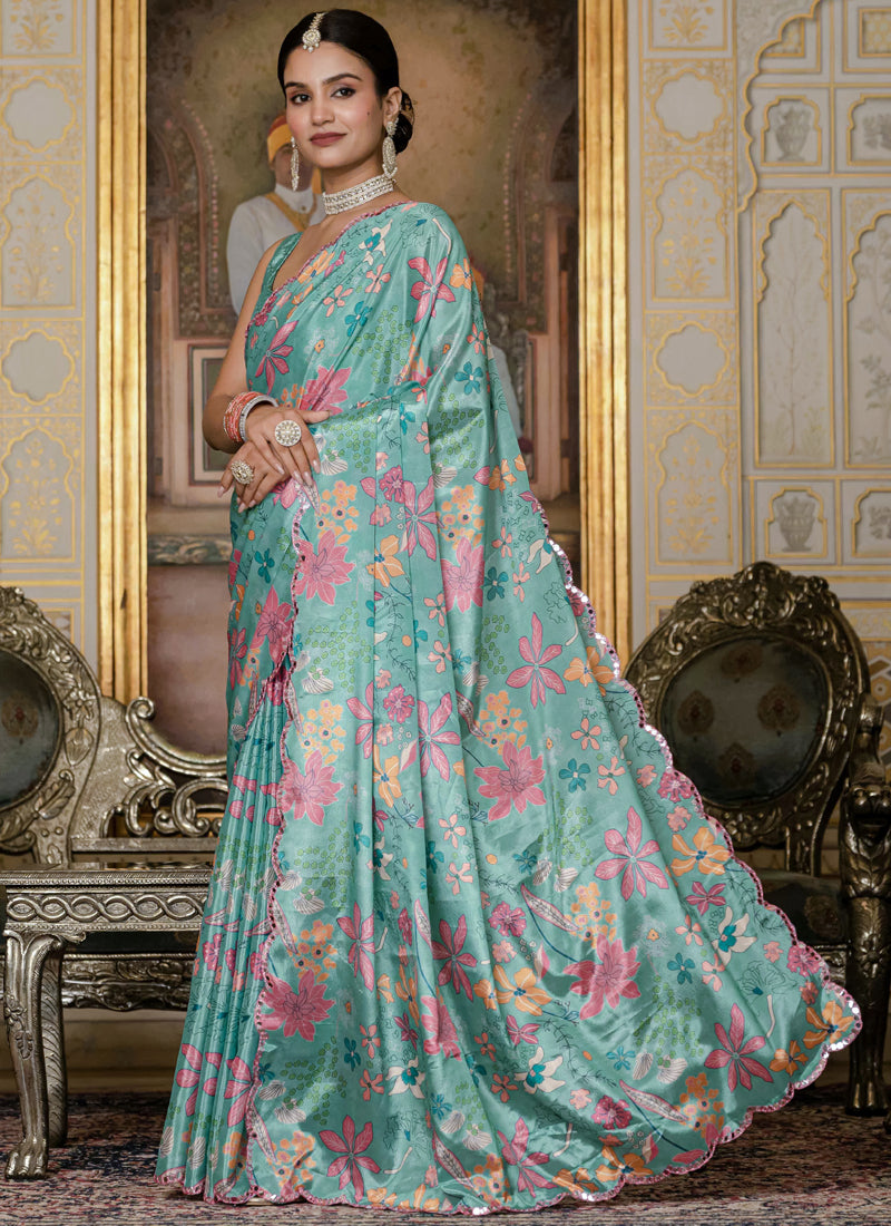 Vegaa Fashion Sky Blue Chinon Silk Floral Printed With Mirror Cut Border Ready To Wear Saree