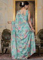 Thumbnail for Vegaa Fashion Sky Blue Chinon Silk Floral Printed With Mirror Cut Border Ready To Wear Saree - Distacart
