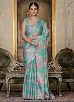 Thumbnail for Vegaa Fashion Sky Blue Chinon Silk Floral Printed With Mirror Cut Border Ready To Wear Saree - Distacart