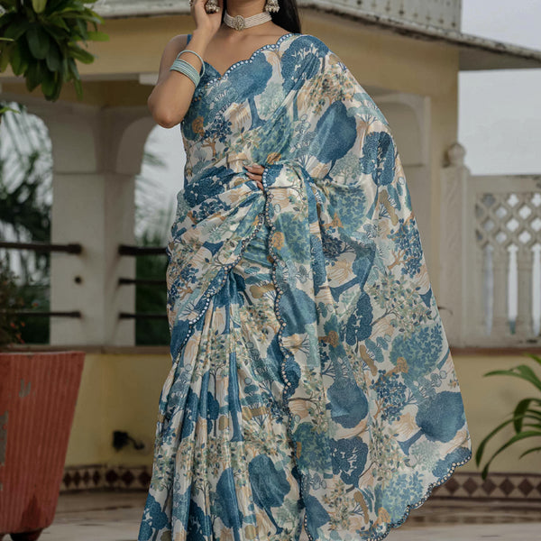 Vegaa Fashion Grey Chinon Silk Floral Printed With Mirror Cut Border Ready To Wear Saree - Distacart