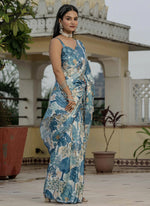 Thumbnail for Vegaa Fashion Grey Chinon Silk Floral Printed With Mirror Cut Border Ready To Wear Saree - Distacart