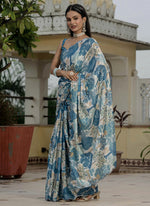 Thumbnail for Vegaa Fashion Grey Chinon Silk Floral Printed With Mirror Cut Border Ready To Wear Saree - Distacart