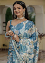 Thumbnail for Vegaa Fashion Grey Chinon Silk Floral Printed With Mirror Cut Border Ready To Wear Saree - Distacart