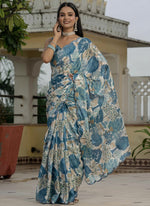 Thumbnail for Vegaa Fashion Grey Chinon Silk Floral Printed With Mirror Cut Border Ready To Wear Saree - Distacart